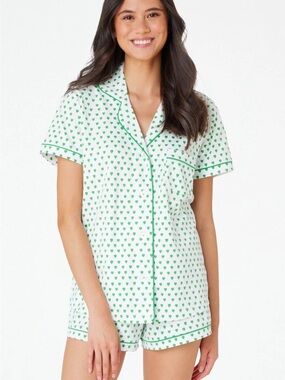 NWOT Roller Rabbit Green Hearts Polo Pajamas Size M Button Front Top and Shorts